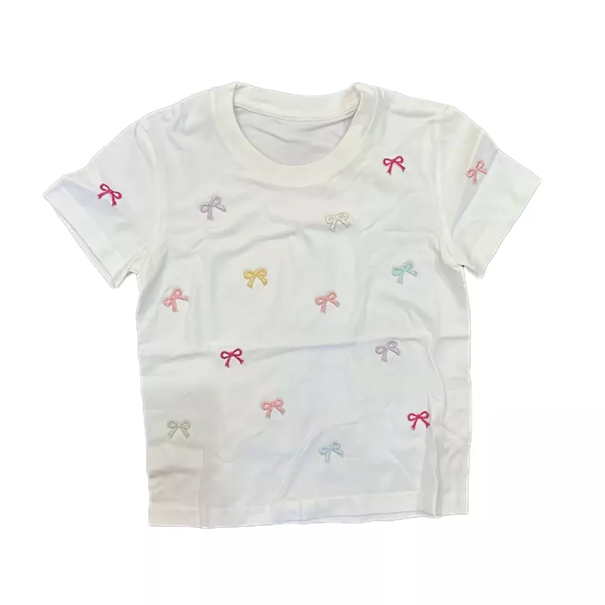 White Short Sleeved Knit Tee with Embroidered Mini Bows